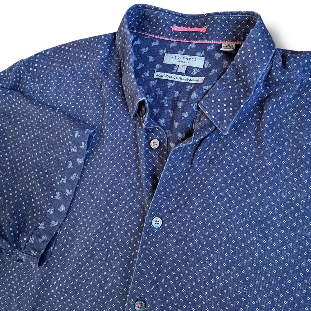 Ted Baker London Regular Fit Navy Blue Absract Shirt Size 7 Preppy Button Up XL